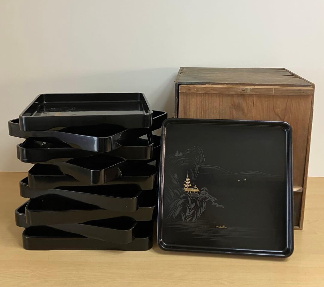 【茶道具 懐石膳 木製黒塗 沈金 山水蒔絵 10枚揃 四方膳 】天然木製 懐石盆