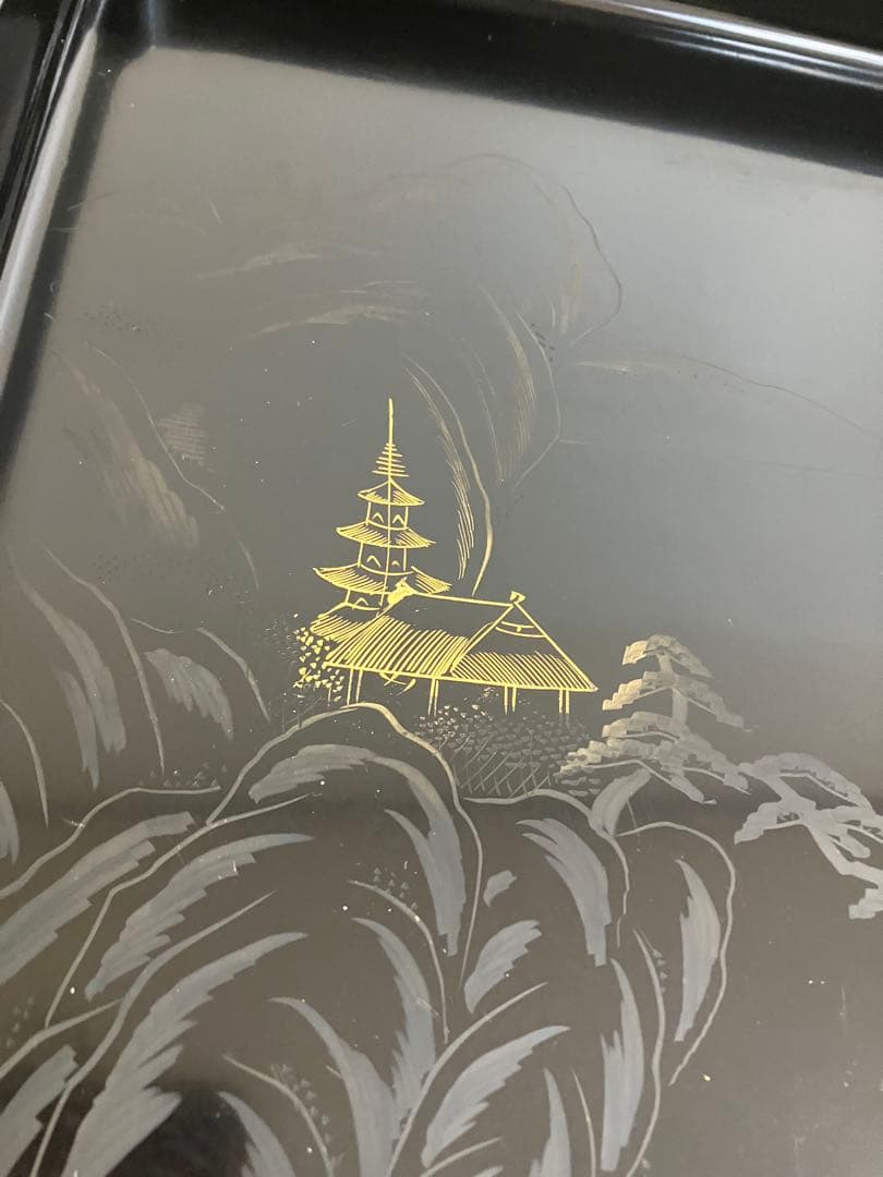 【茶道具 懐石膳 木製黒塗 沈金 山水蒔絵 10枚揃 四方膳 】天然木製 懐石盆