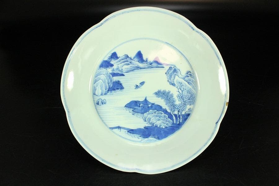 中国美術 青花 山水舟紋 盤 φ20.5cm 嘉慶年製(K-LC657)