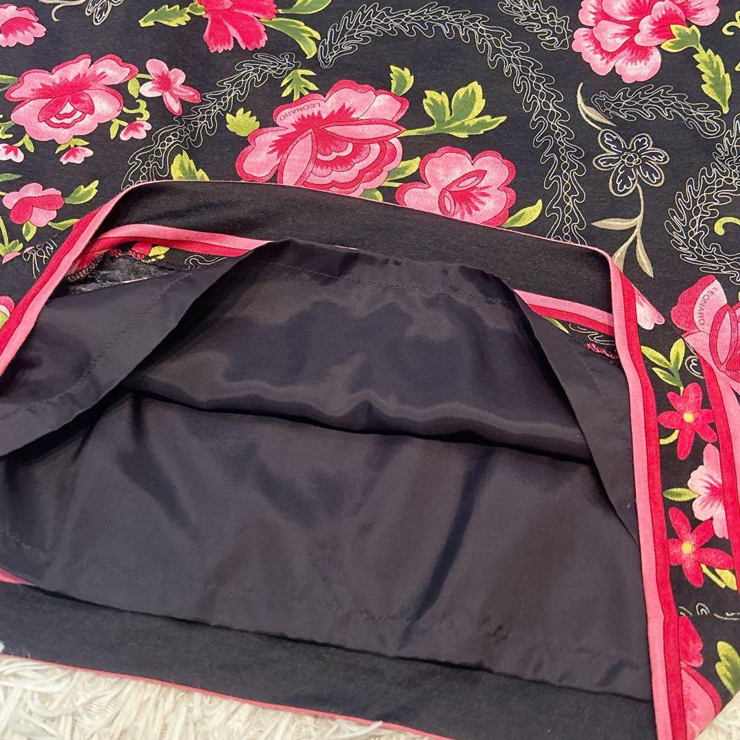 未使用級✨レオナール ウール シルク スカート トリム 花柄 黒 レディース