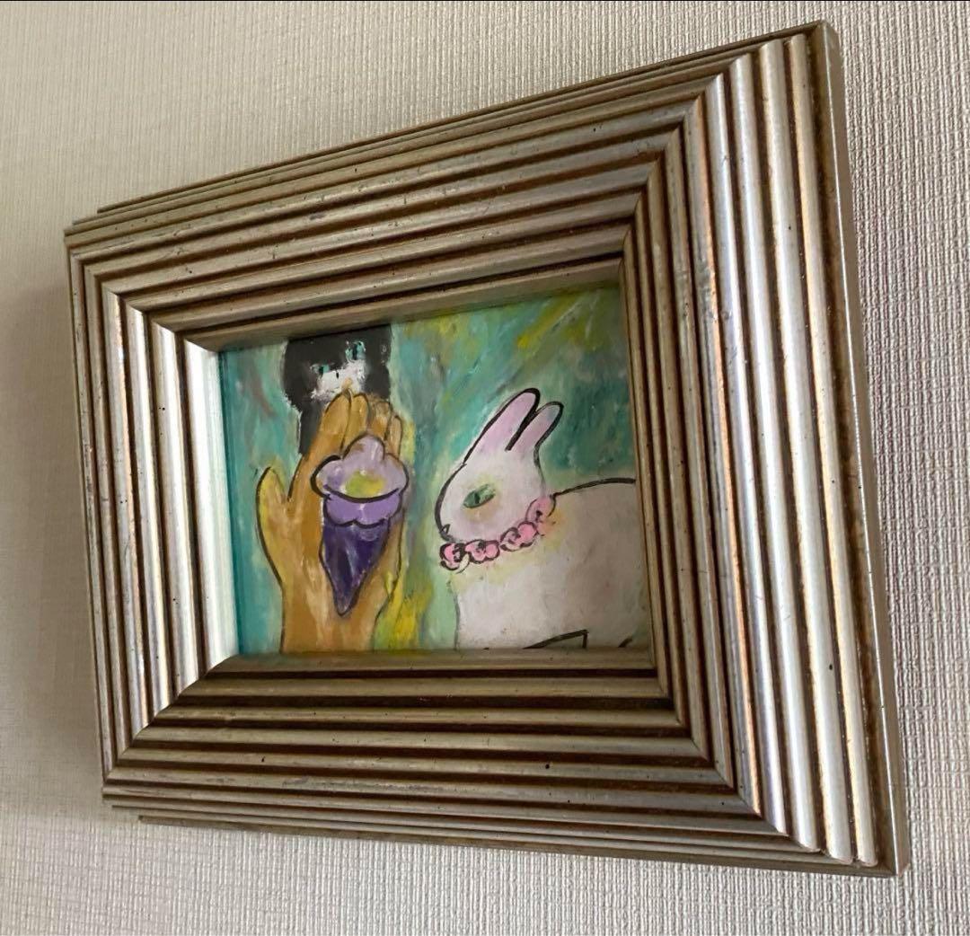 絵画。原画【手の中の紫色のアサガオ、かわいい黒猫とウサギ】