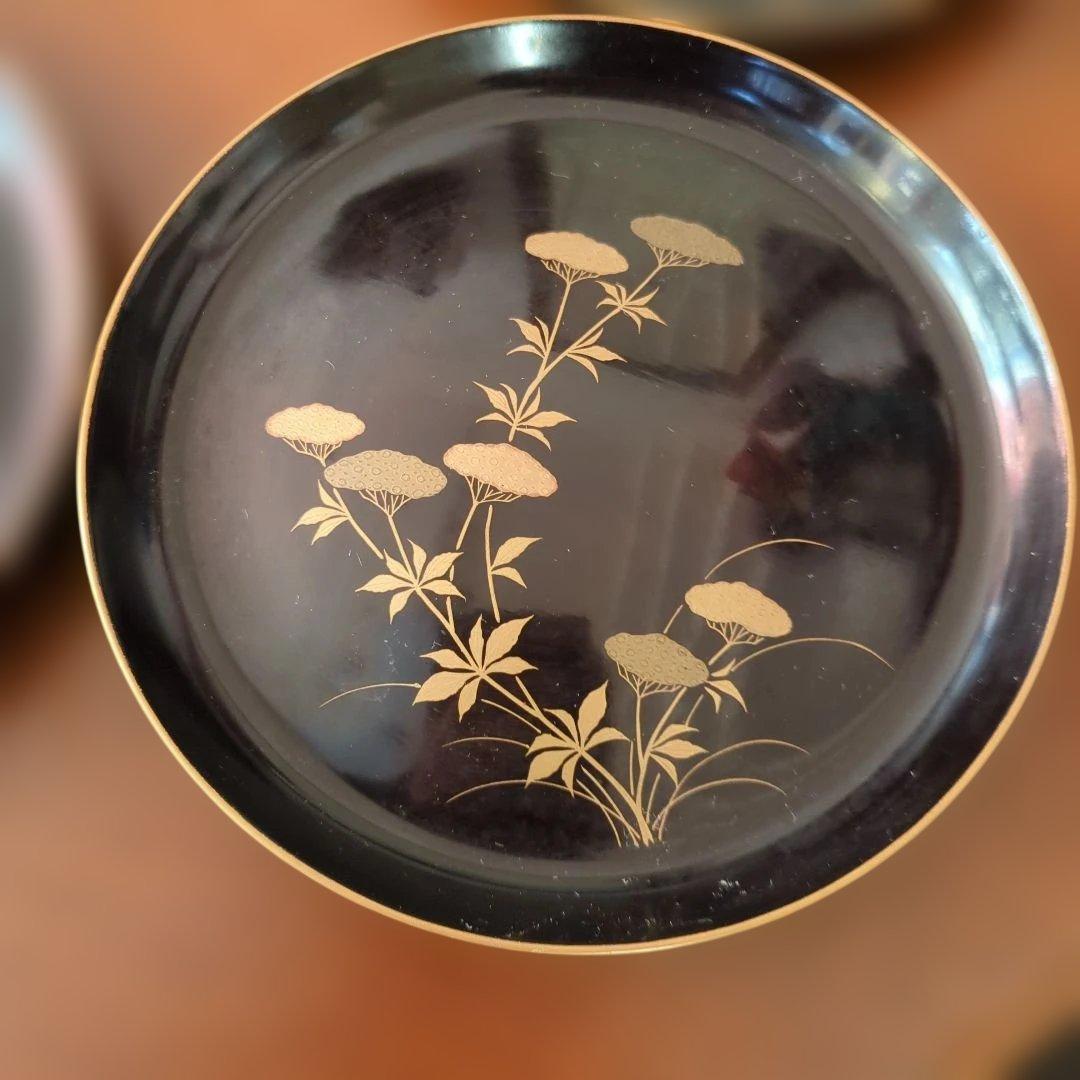 骨董　木皿　蒔絵　図変わり　草花　漆器　金彩　盆　丸盆　5枚