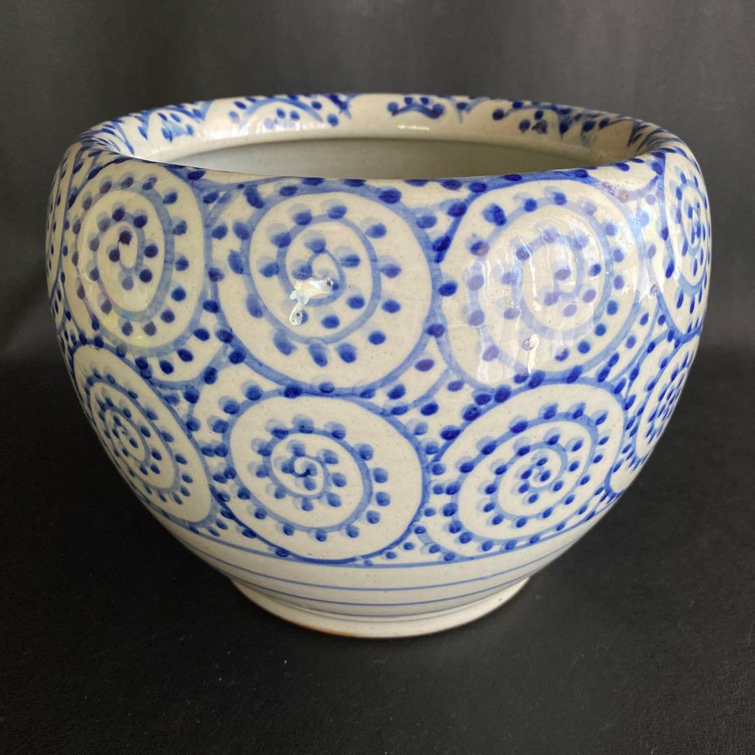 信楽焼 壷久郎作 染付蛸唐草　メダカ鉢 睡蓮鉢 水鉢 直径24cm