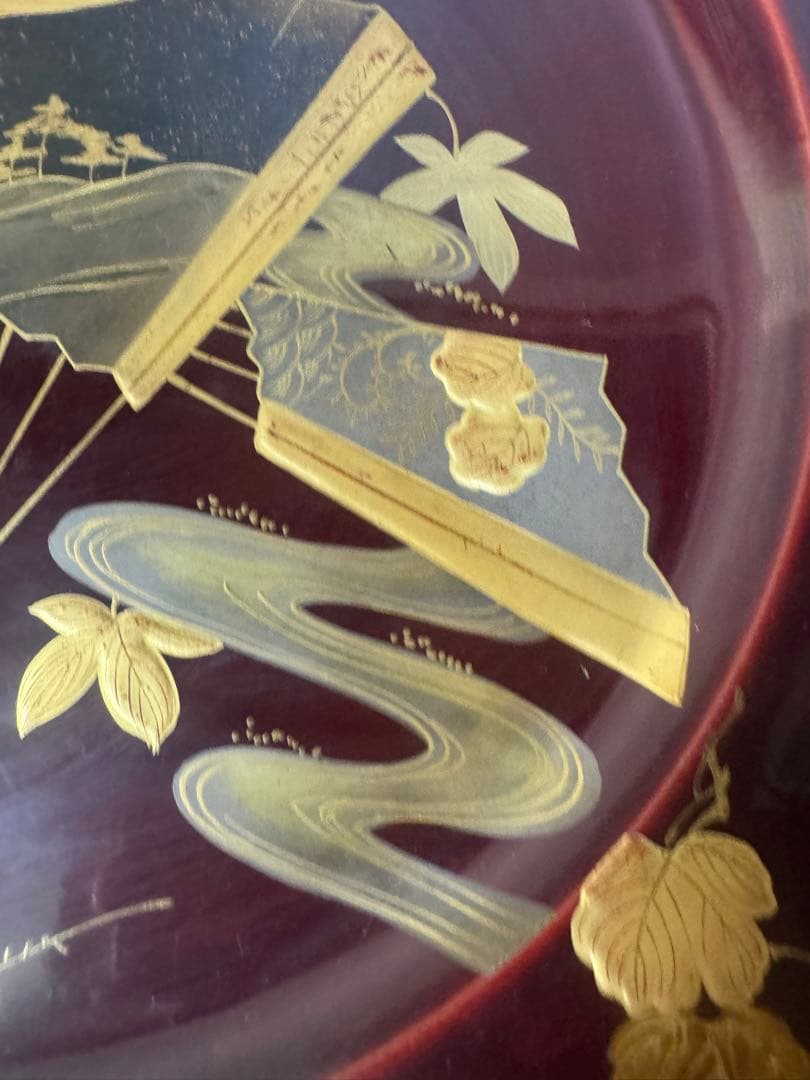 2440 木製金蒔絵　鶴扇果実文　大皿 丸皿 飾皿  37cm  時代物