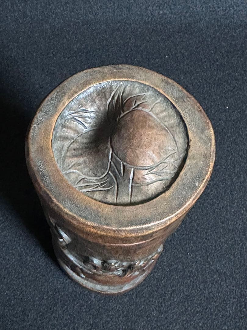 中国美術 竹製 松下三老人彫　蓋付き　古筆筒　 文房具　唐物　 古美術