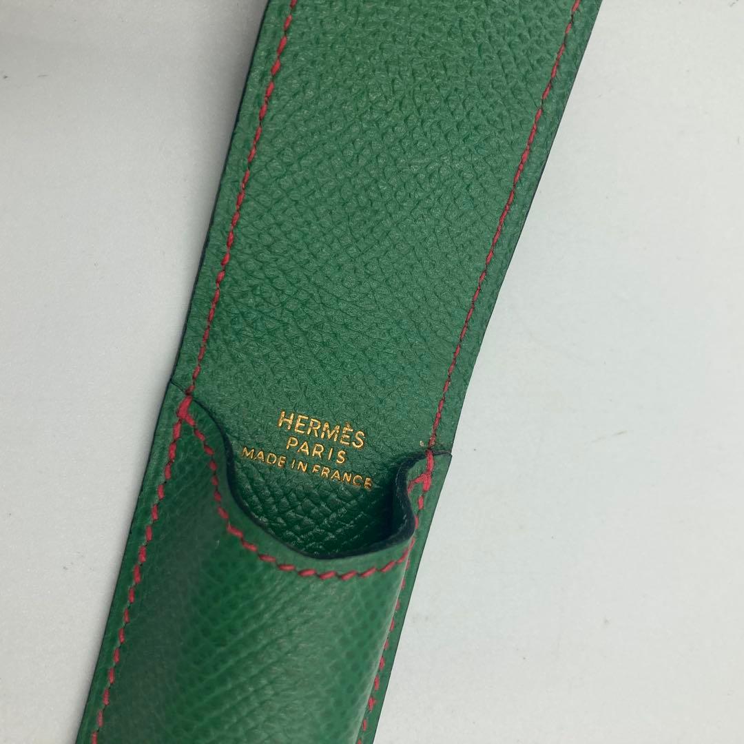 【5458】エルメス　ペンケース　グリーン×レッド