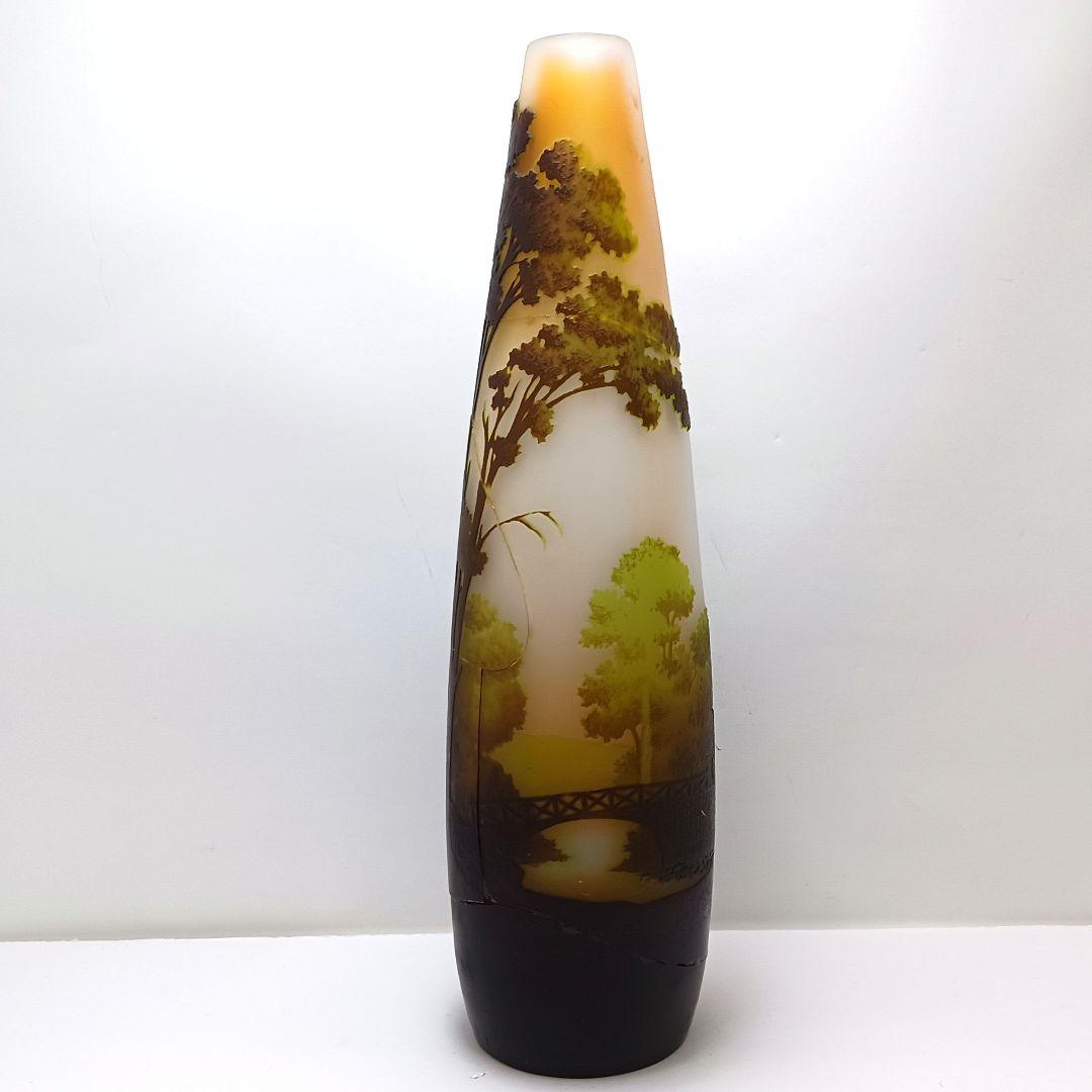 S189-2 エミールガレ 多層ガラス 湖畔文 花瓶 一輪挿し 難あり　HHH