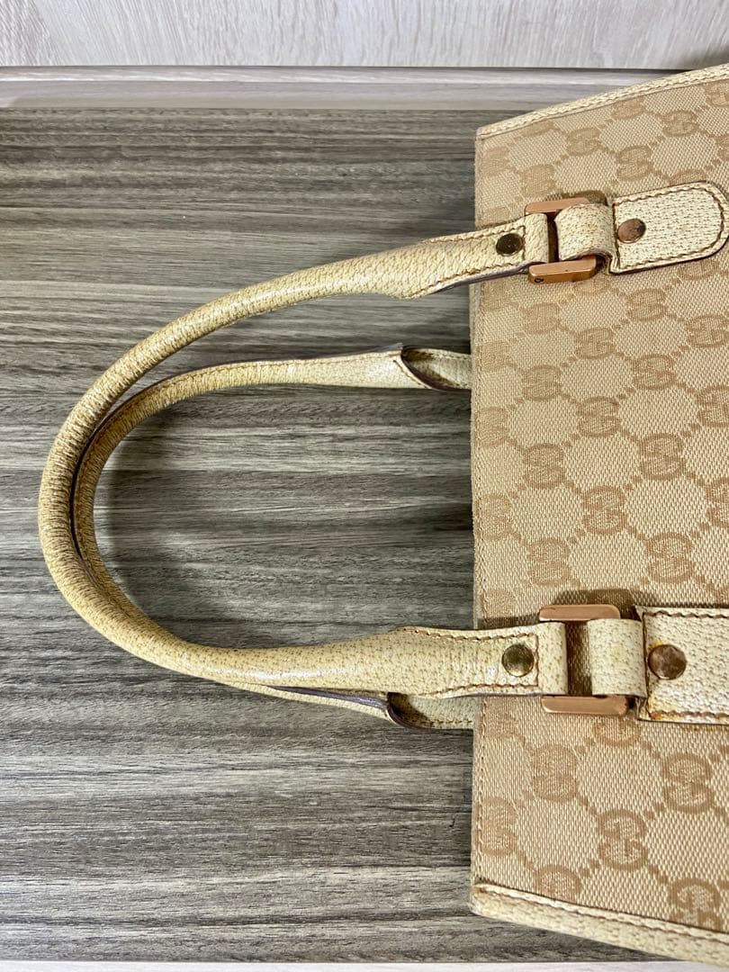 GUCCI ハンドバッグ　GG柄　キャンバス　レザー　ベージュ　スタッズ