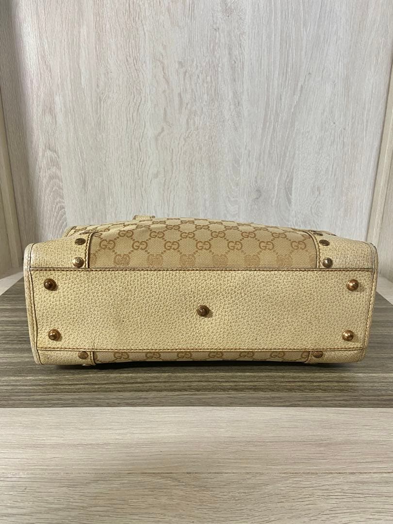 GUCCI ハンドバッグ　GG柄　キャンバス　レザー　ベージュ　スタッズ