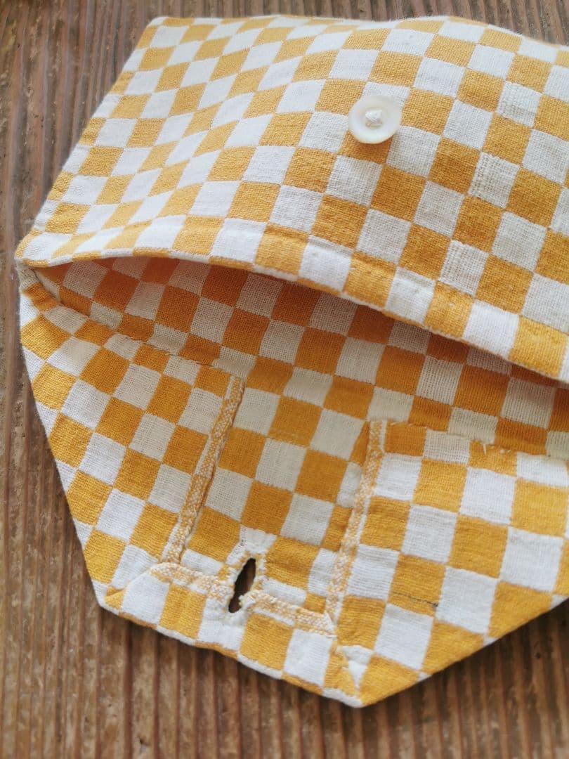 アンティークフランス イエロー＆アイボリー 市松模様織ケース 真珠色シェルボタン