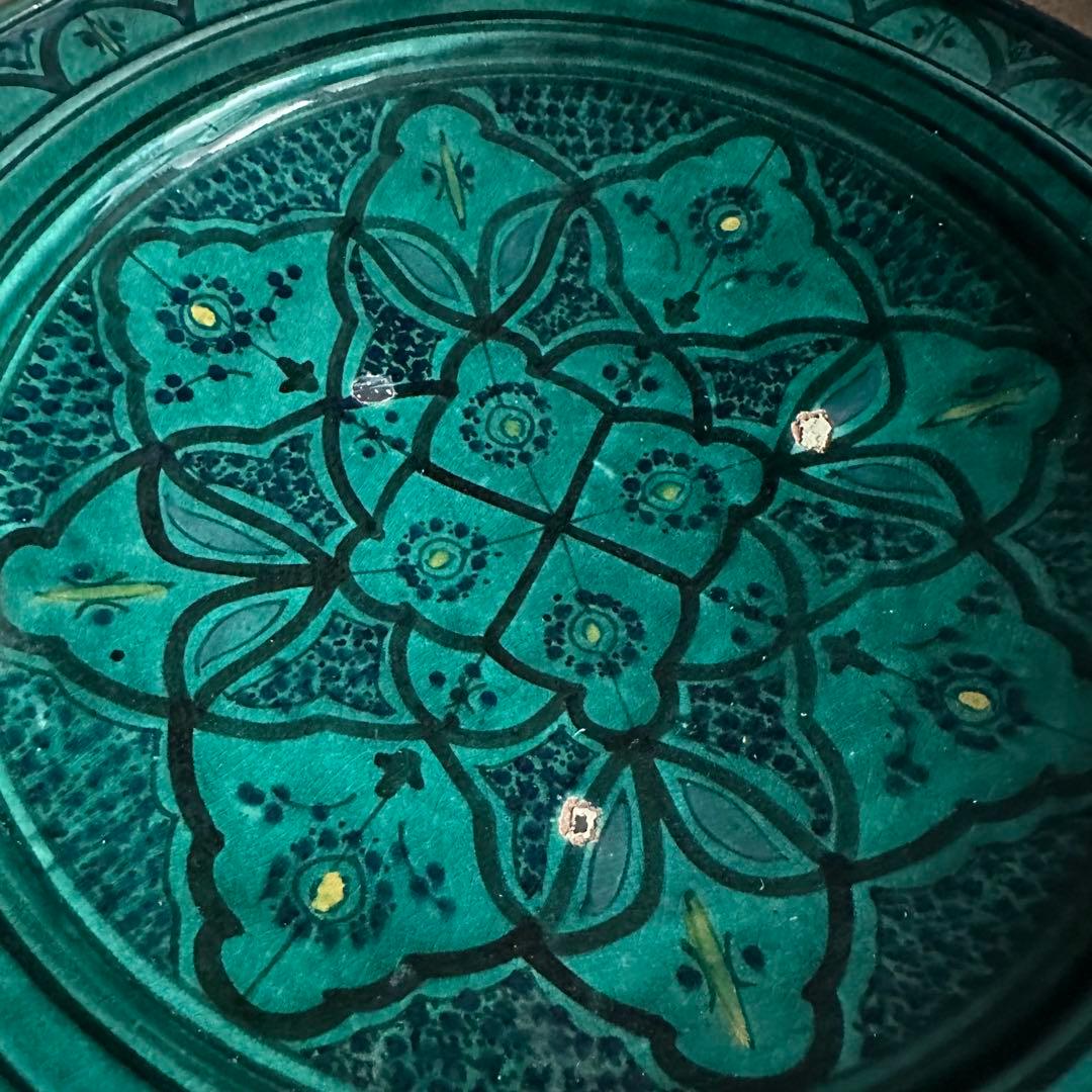 ブルガリア陶器　トロヤン焼　青釉内花柄　壁掛けデザイン　大皿　アンティーク