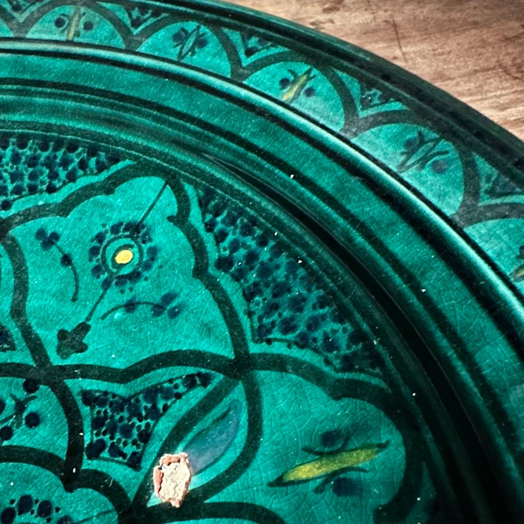 ブルガリア陶器　トロヤン焼　青釉内花柄　壁掛けデザイン　大皿　アンティーク