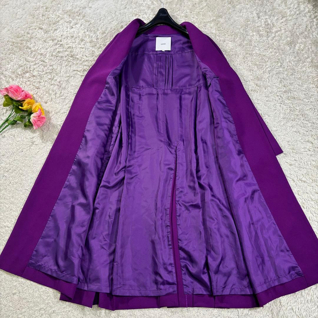 UN3D ノーカラー　プリーツ　フレア　ボタンレス　Aライン　ロングコート