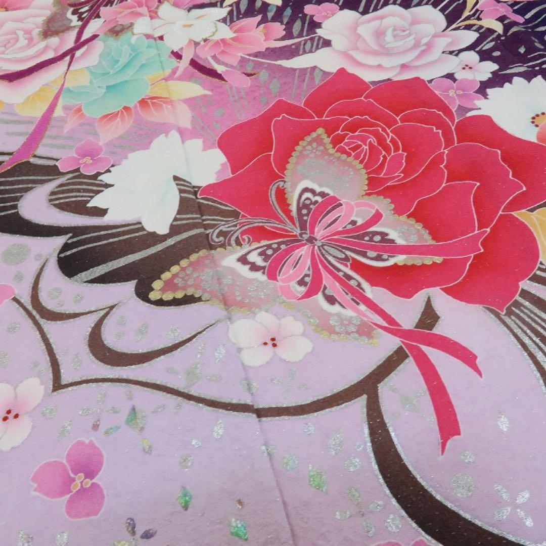 ヒロりん✺美品 正絹 銀通し 刺繍 蝶 薔薇 トール振袖 着物 A1744