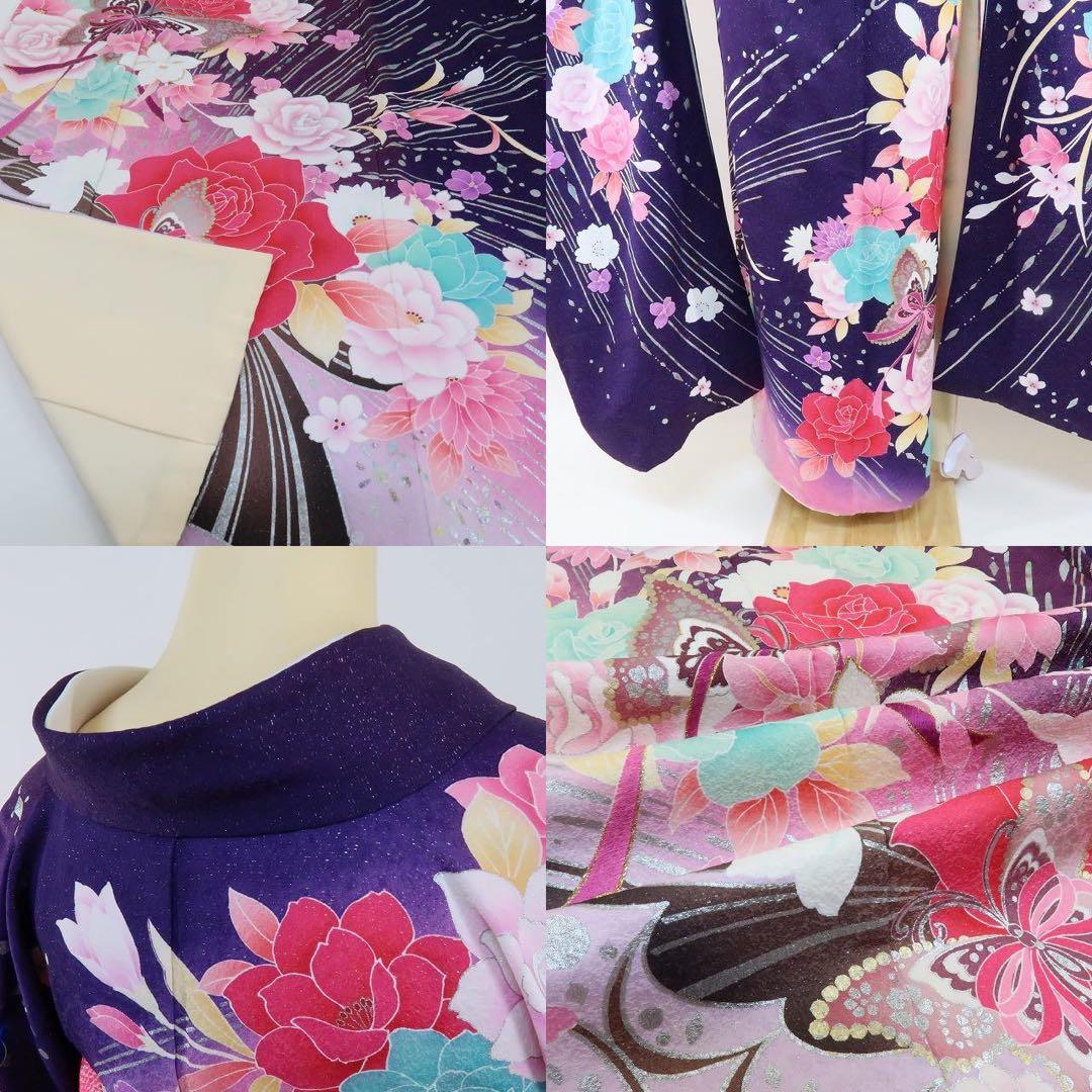 ヒロりん✺美品 正絹 銀通し 刺繍 蝶 薔薇 トール振袖 着物 A1744