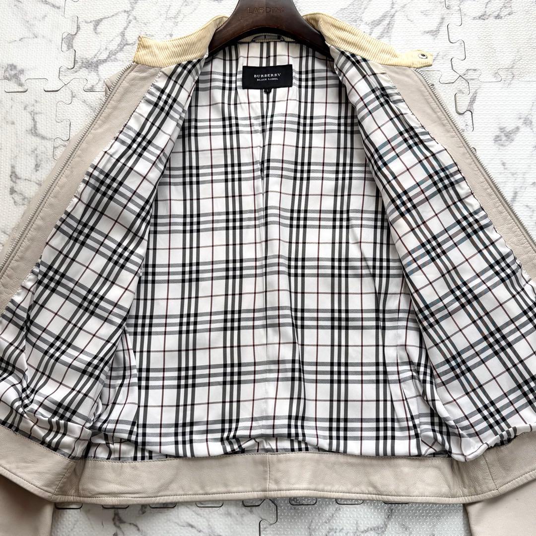バーバリーブラックレーベル ノバチェック ライダースジャケット 羊革 アイボリー