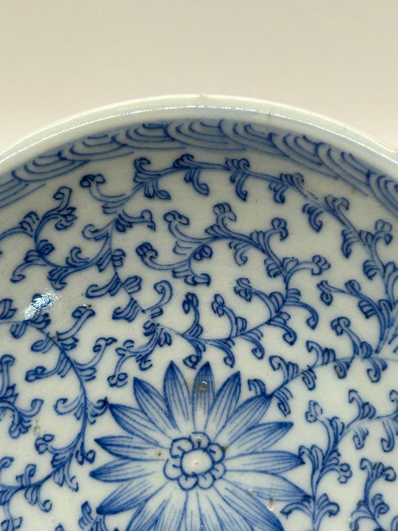 中国　清時代　染付蓮紋高台皿　アンティーク　送料込み0925