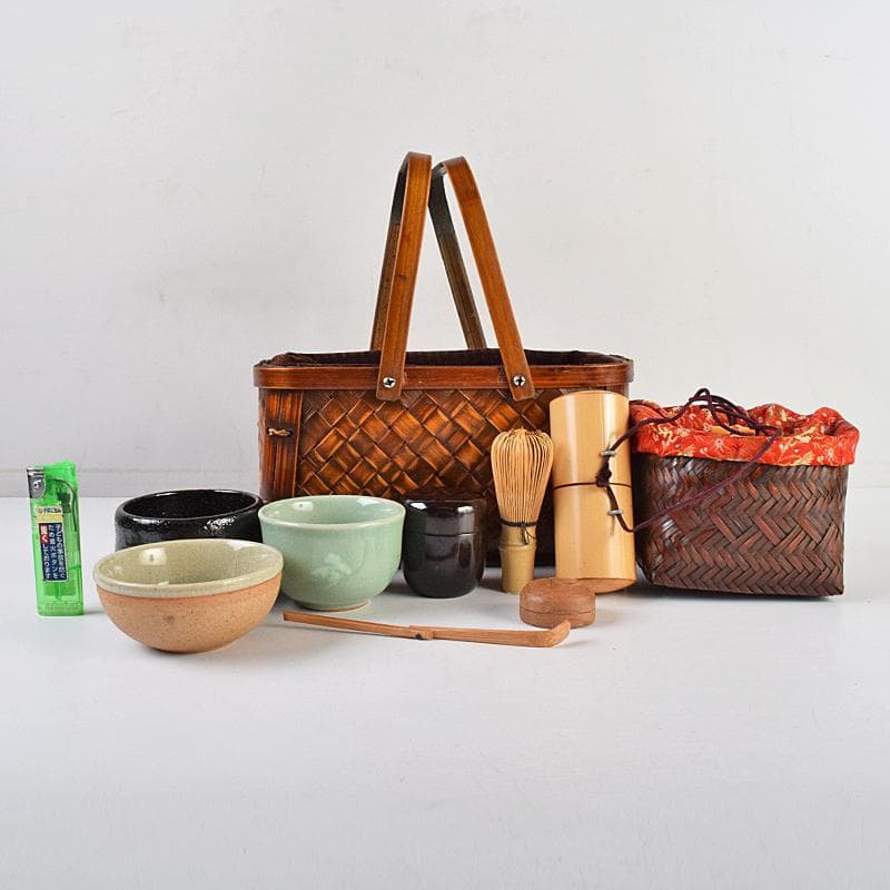 茶道具　御所篭　茶籠　黒楽茶碗　棗など　八点　一式　仕覆付　M　R9459