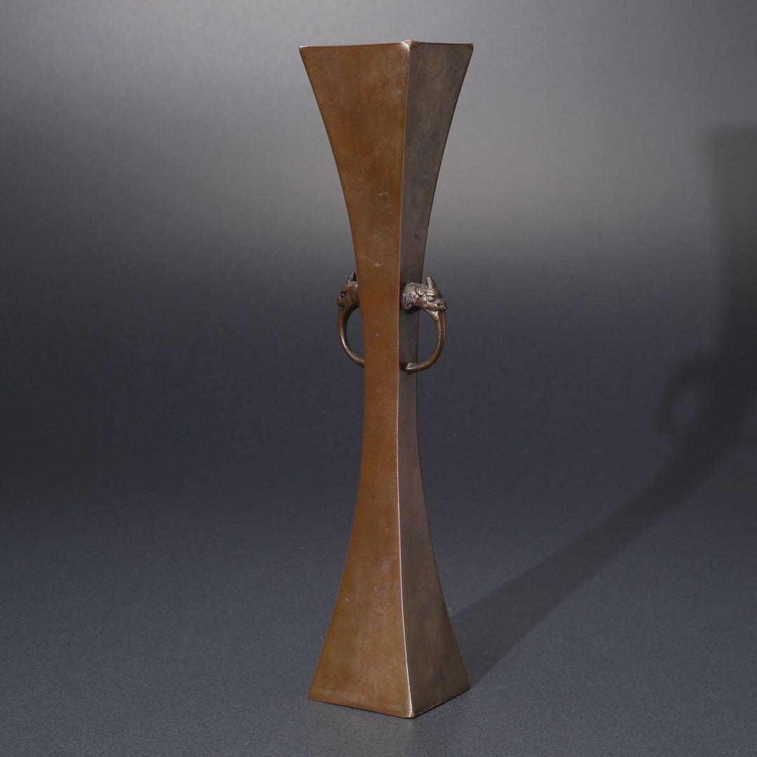 唐銅　四方形耳付き花入　花生け　桐箱　R1517ダN2