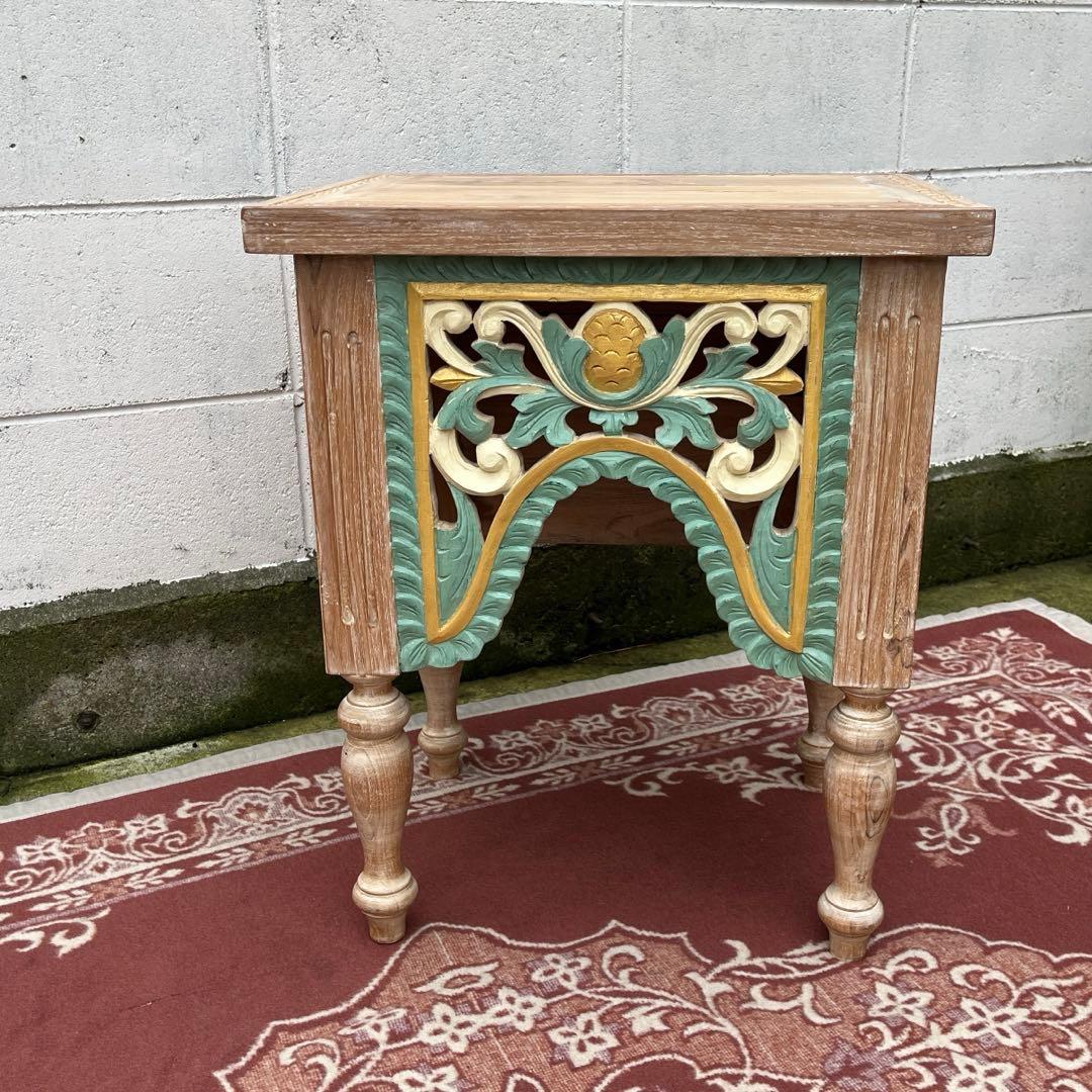 木製無垢材 チーク材◾️彫刻デザイン サイドテーブル 飾り台 ディスプレイ台 花台