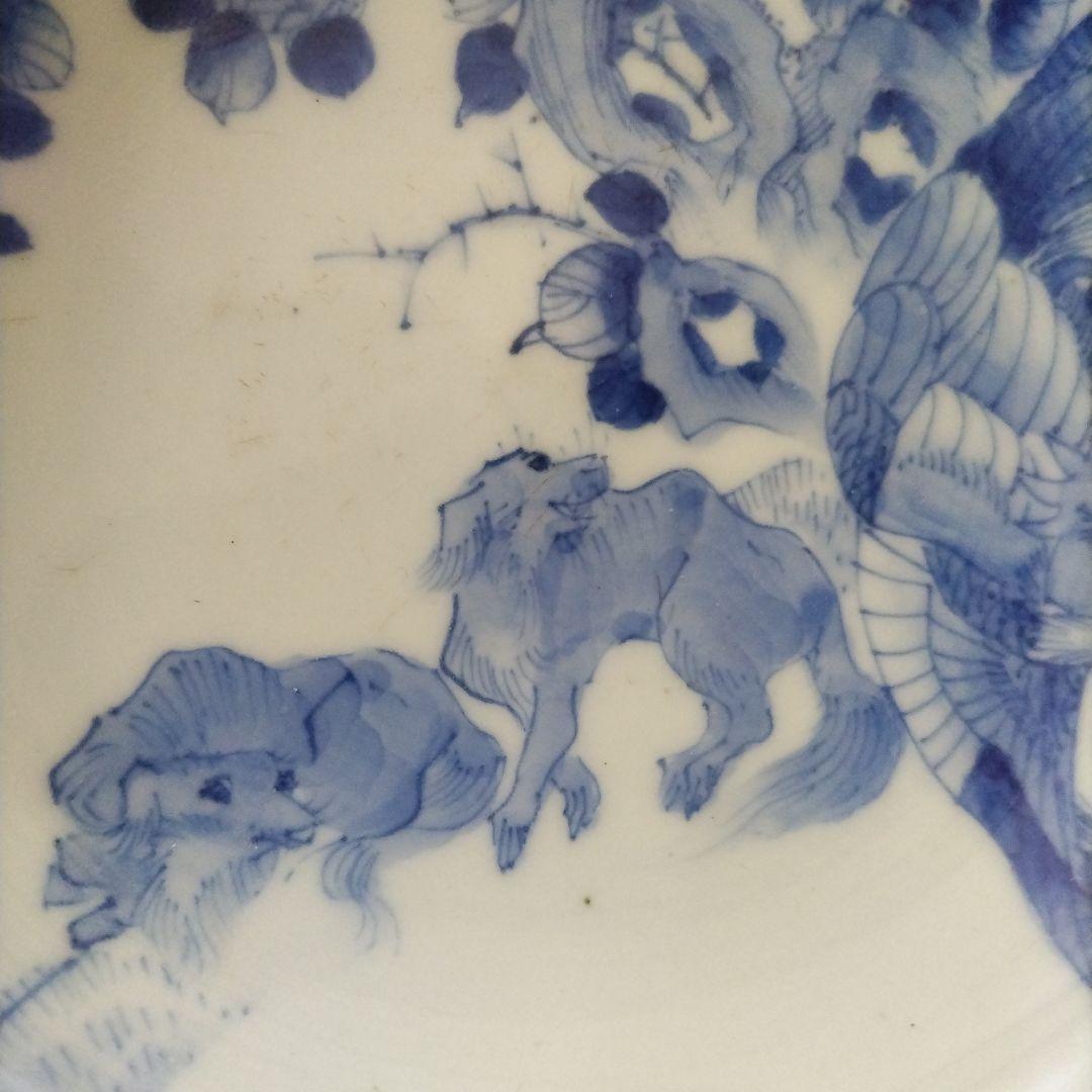 図変わり 洋犬 鉢 鳳凰 江戸期 染付 古伊万里 上手 アンティーク 茶船 茶盤
