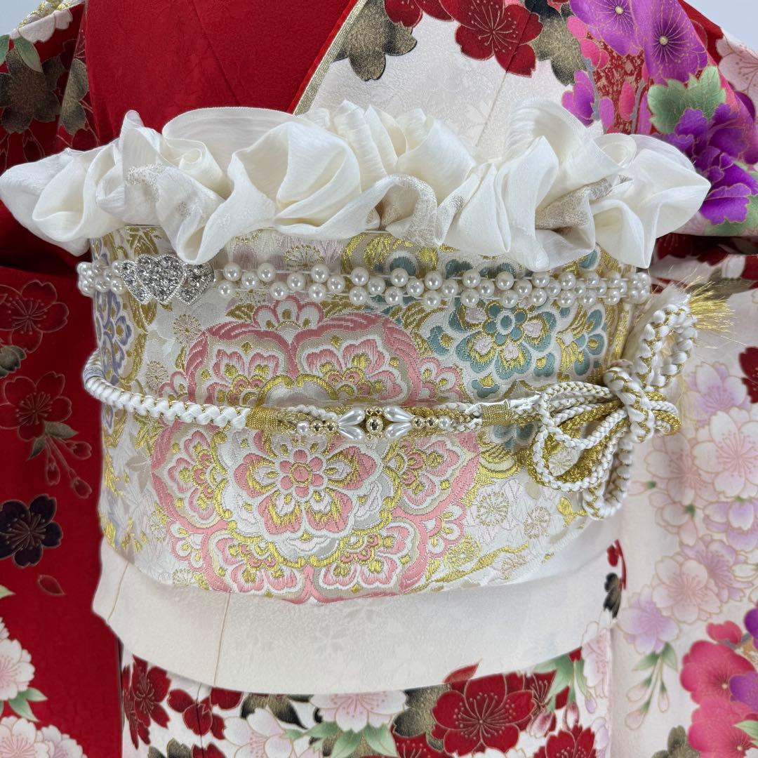 振袖8点フルセット　豪華絢爛 花丸文 桜 牡丹 刺繍 金彩　正絹　ショール付