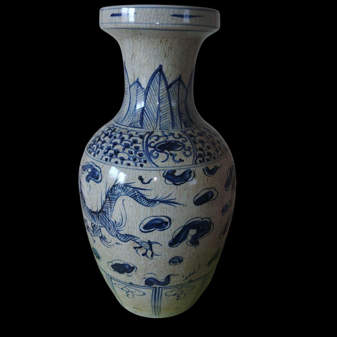 中国美術　元代　青花飛龍文染付盤口花瓶