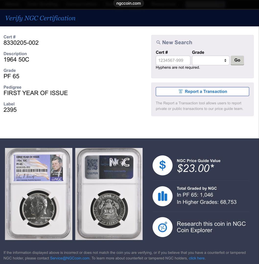 【NGC鑑定】1964年 ケネディ ハーフダラー PF65 銀貨オリジナルラベル