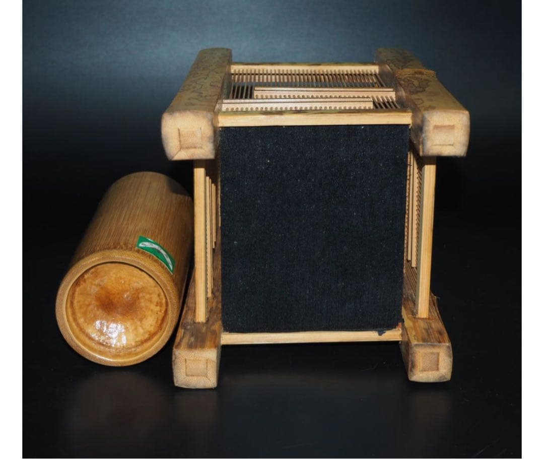 送料無料　竹細工　斑竹胡麻竹使用　四角花入れ　高24ｃｍ★希少★