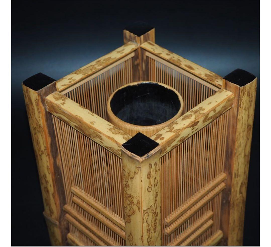 送料無料　竹細工　斑竹胡麻竹使用　四角花入れ　高24ｃｍ★希少★