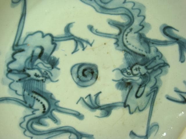 皿■古い中国染付け双龍紋中皿 砂高台 古玩 唐物 中国 古美術 時代物 骨董品■