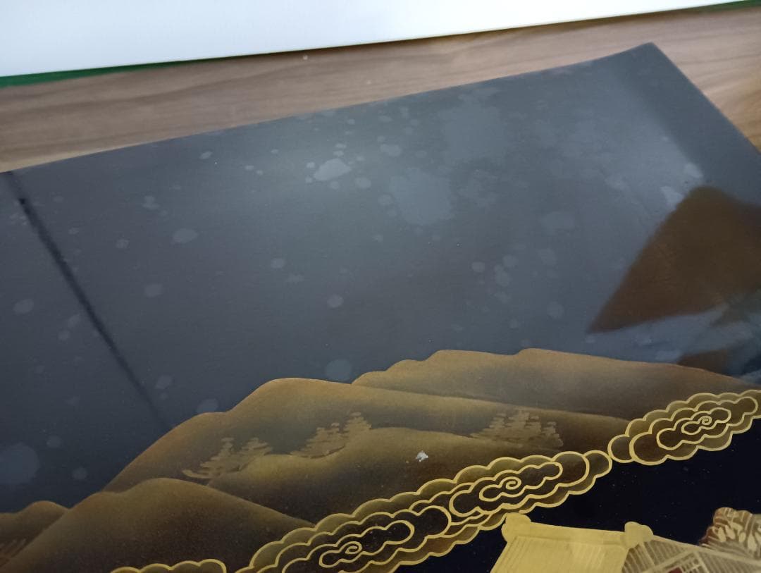 輪島塗 蒔絵師 久世宗春 山水金蒔絵 冠卓 二段卓 花台 黒塗 共箱