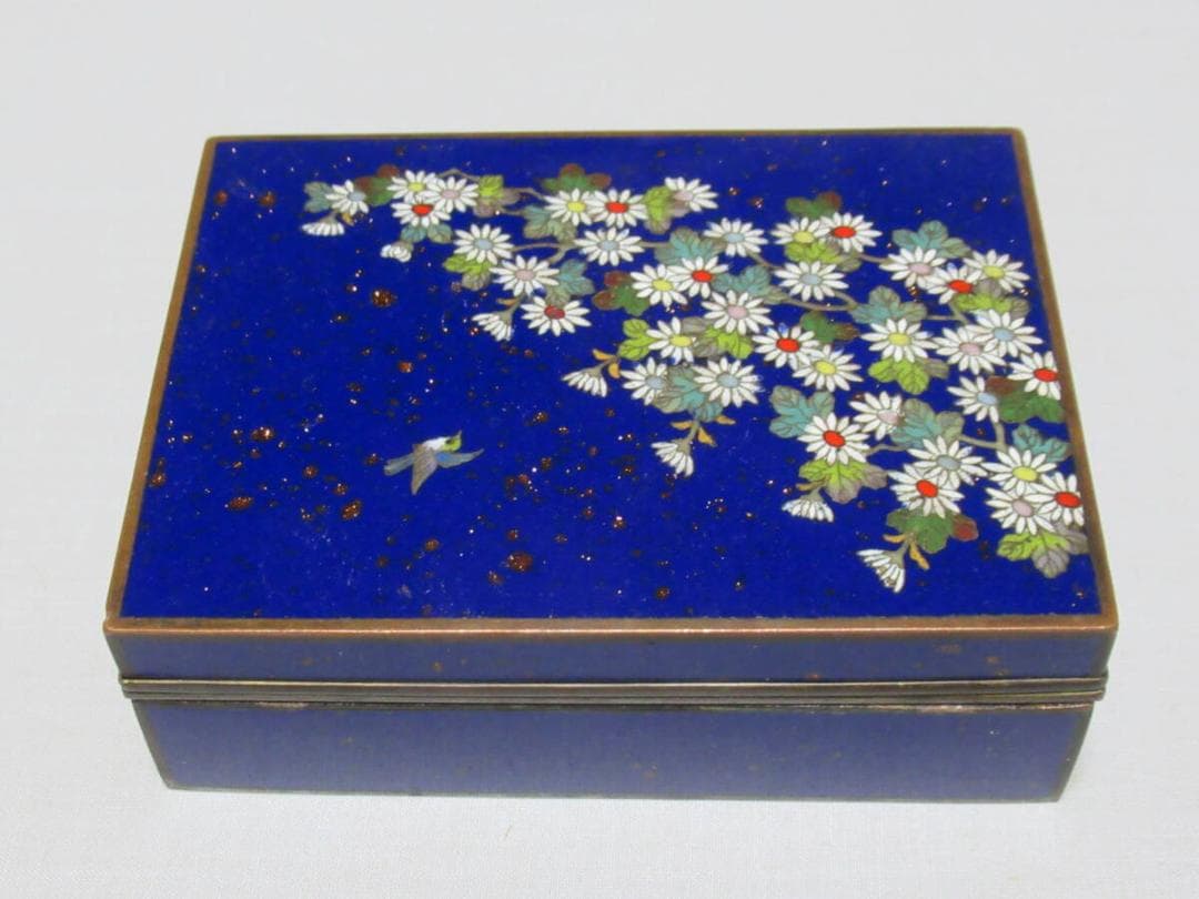 美品 希少 大正時代◆京七宝 稲葉七宝 内銀鍍銀 外観(小鳥/小菊図) 小物入れ