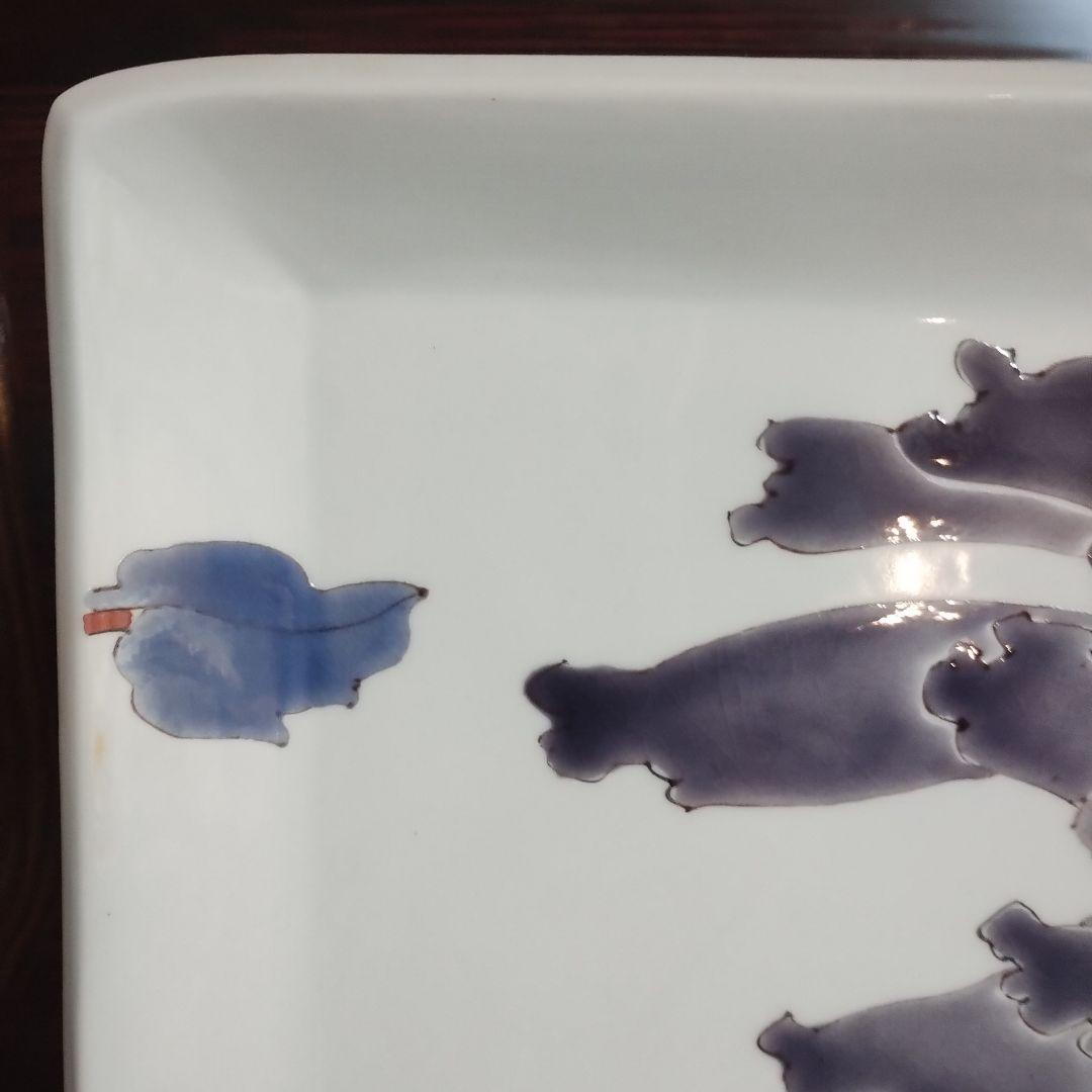 竹腰潤　九谷焼　花柄の四角い陶器皿　共箱共布