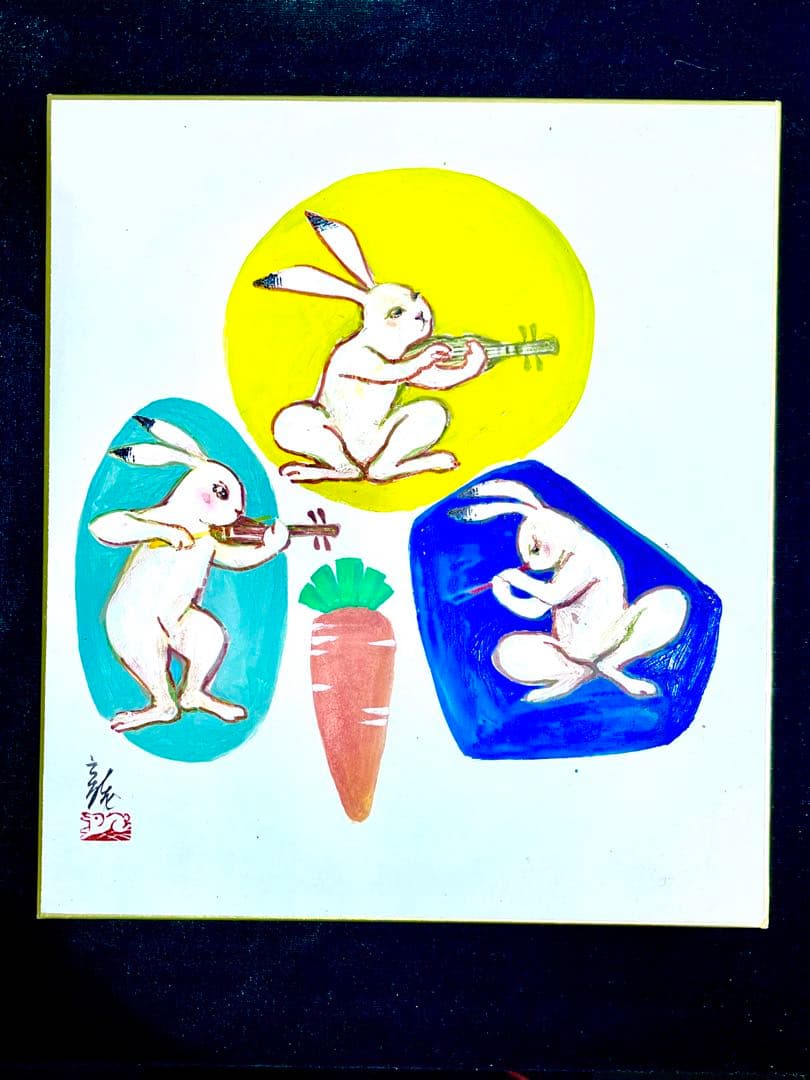 中国著名画家：李庚画伯の肉筆色紙作品（2枚）と芸大先生の肉筆色紙作品（兎）7枚。