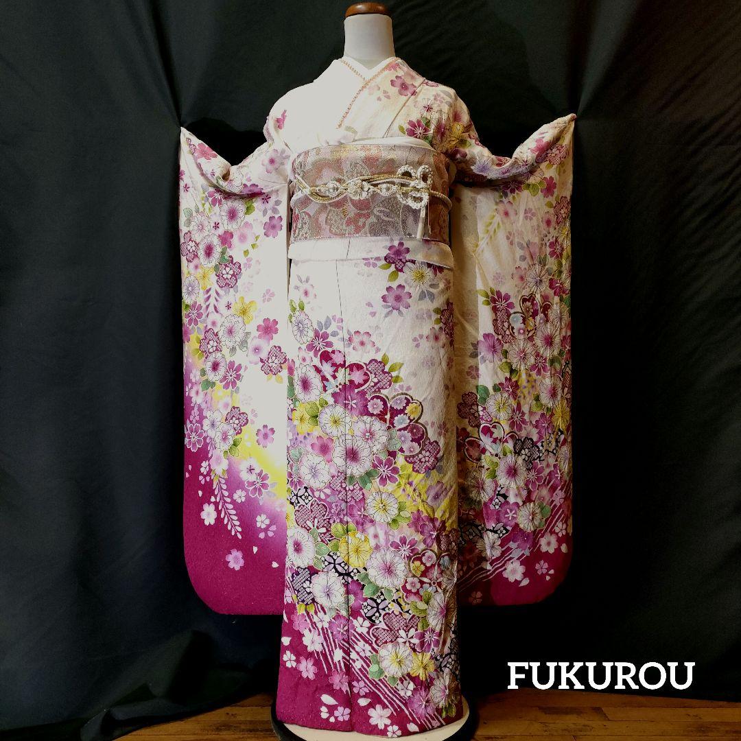 美品　振袖　白×ピンク　辻が花　　花芯絞り　銀通し