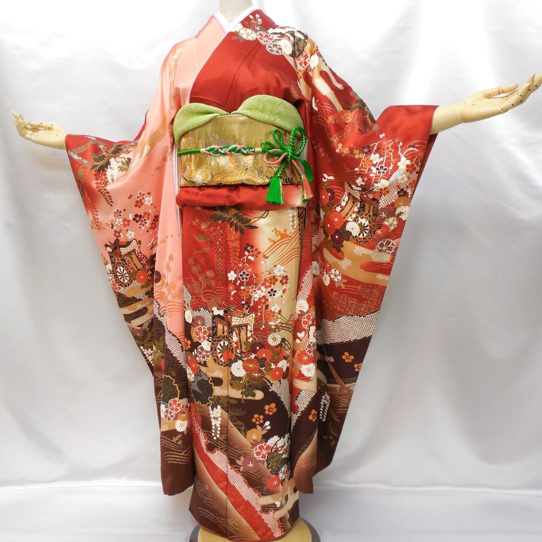 訳あり特価★振袖フルセット　正絹　成人式　振袖　7点　M～Ｌサイズ　赤　古典柄