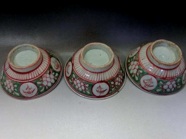 茶碗■赤絵 3点 丸窓唐草紋 お茶道具 ぐい呑み 古玩 唐物 時代物 骨董品■