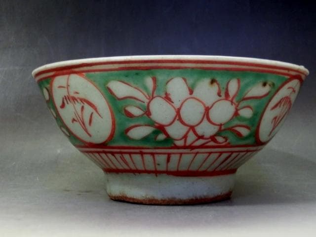 茶碗■赤絵 3点 丸窓唐草紋 お茶道具 ぐい呑み 古玩 唐物 時代物 骨董品■