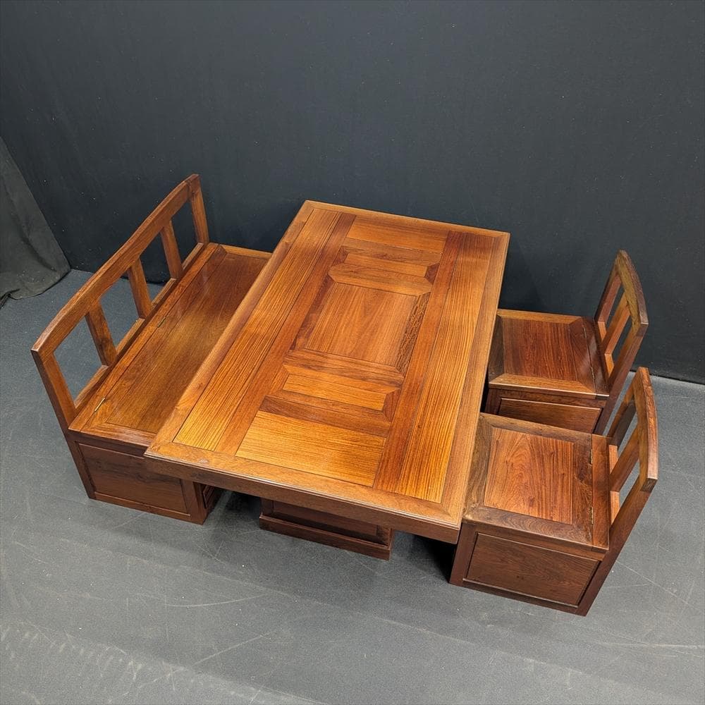 無垢　重厚　4点　囲炉裏ダイニング　食卓　火鉢　座卓　椅子　収納付き　ベンチ