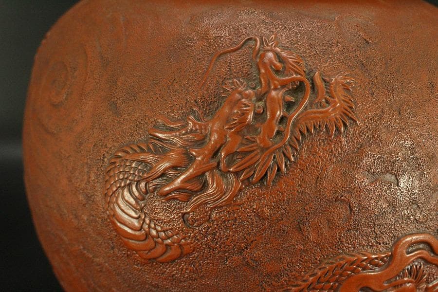 古美術 朱泥 雲龍紋 丸壷 在印 美品(BB507)