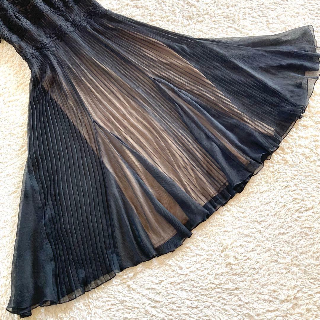 タダシショージ フラワー刺繍 シフォンプリーツワンピース カクテルドレス 黒