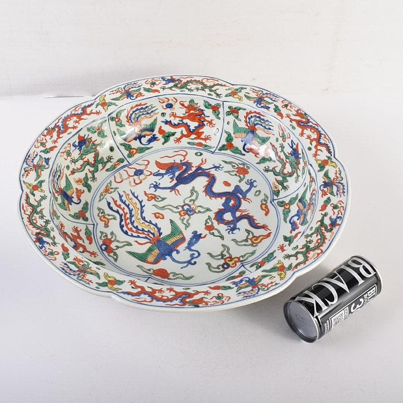 中国　大明萬暦年製　五彩龍鳳凰文　輪花鉢　大皿　直径約40㎝　V　R7860C
