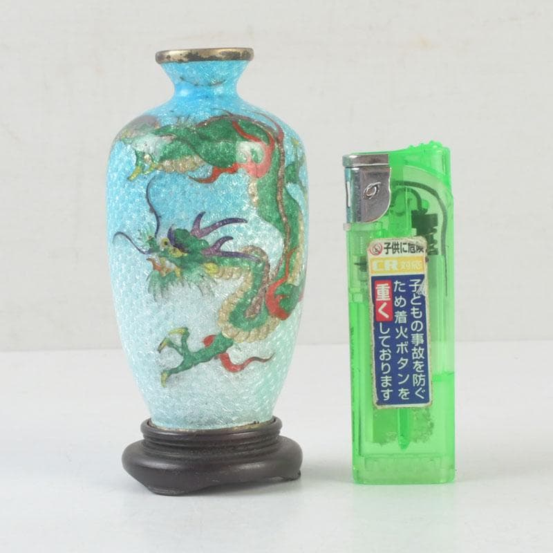 中国　古七宝琺瑯彩　龍文瓶　唐木台　時代箱付　V　9724