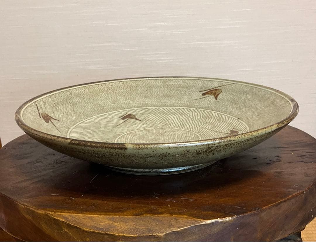象嵌縄文皿　大皿　益子焼　島岡達三　人間国宝　箱付き　飾り台付き　未使用
