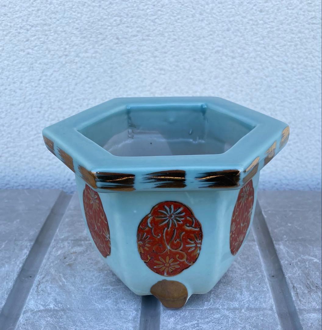 尾張焼 瀬戸焼 青磁 金彩 六角 盆栽鉢 盆栽 植木鉢