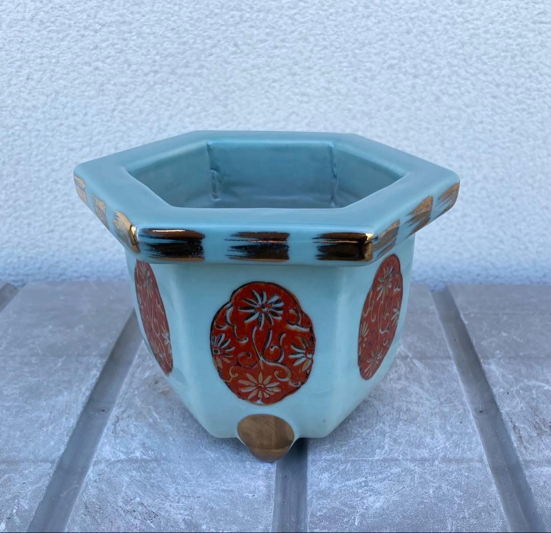 尾張焼 瀬戸焼 青磁 金彩 六角 盆栽鉢 盆栽 植木鉢