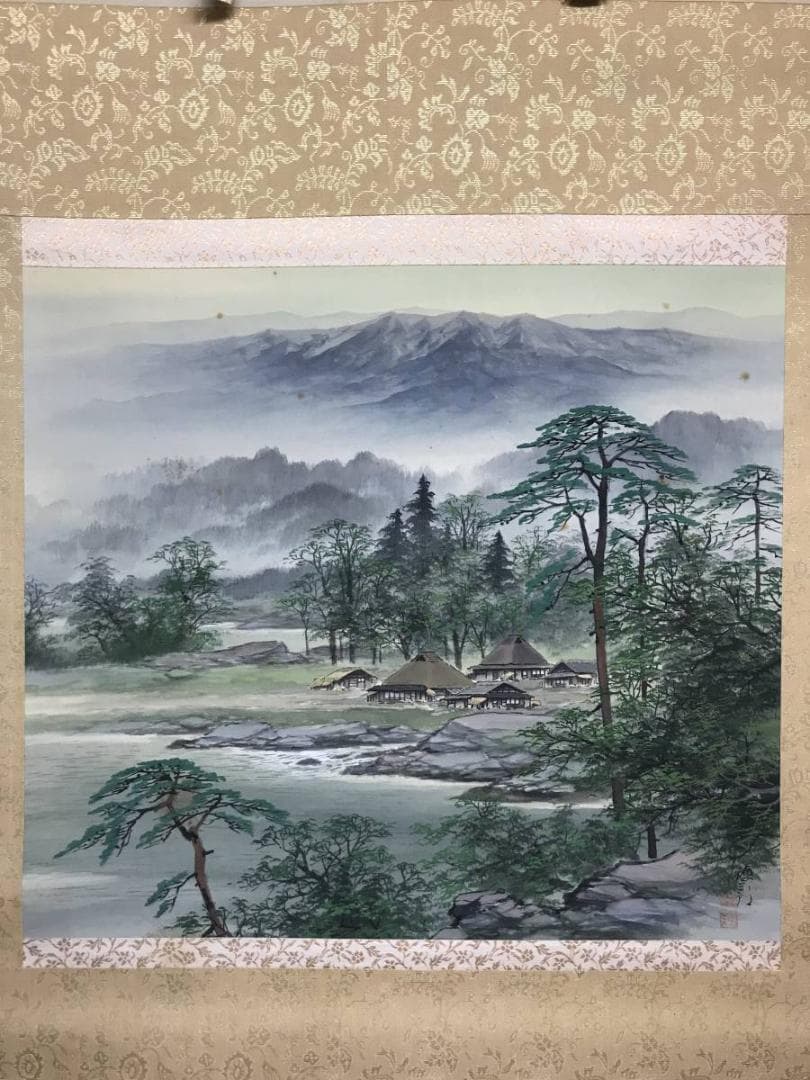 【真作】百瀬徳三郎/青緑山村図/山水図/横物/掛軸/名家伝来/AC-156