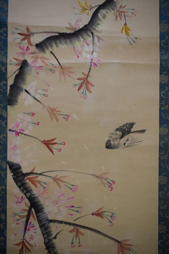 不詳/作者不詳/桜花雀図/布袋屋掛軸HK-12