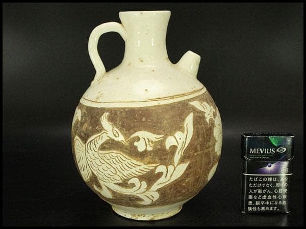 中国美術 磁州窯 十世紀後半 白磁掻落鳳紋水注 瓶 高23cm (LC248)
